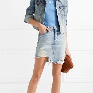 New GRLFRND Rhoda high rise high low rigid distressed frayed denim mini skirt